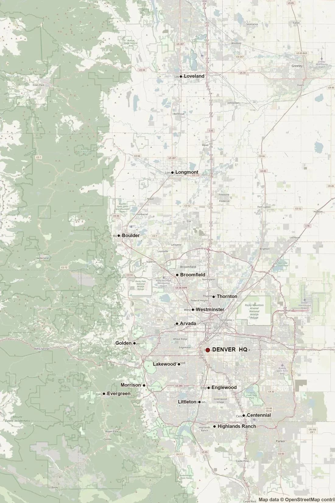 Map of our Front Range service area with Denver HQ